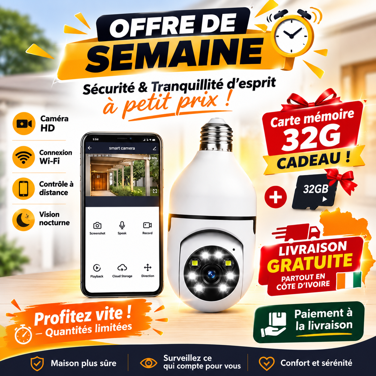 Caméra de surveillance un seul objectif ampoule & carte memoire Cadeaux