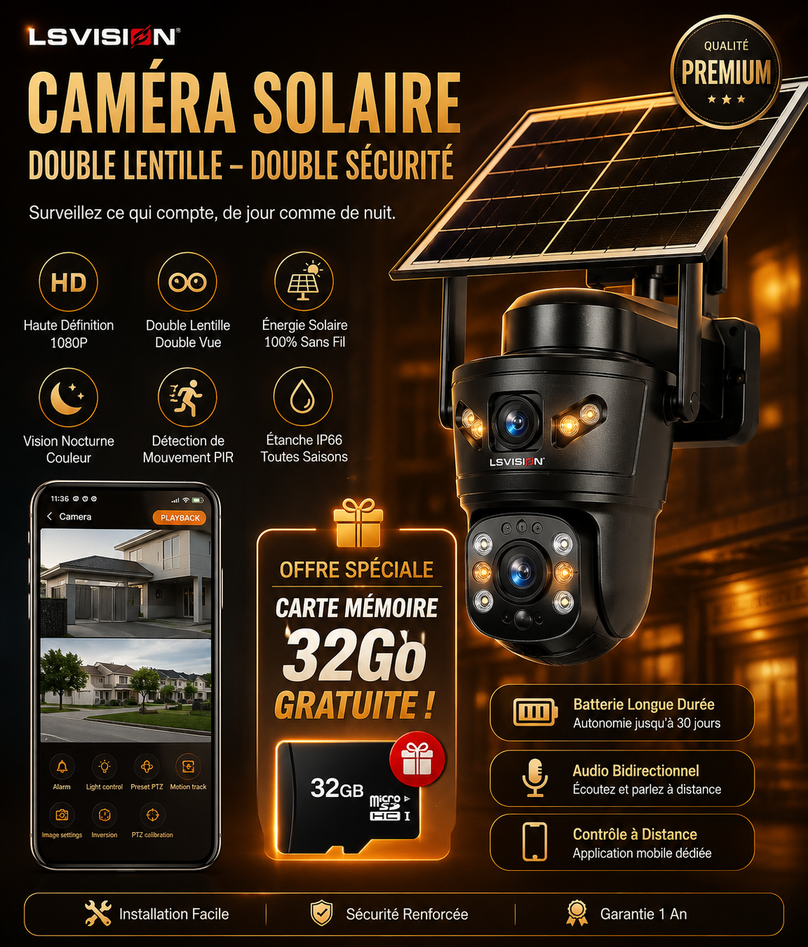 Caméra de surveillance avec energie & carte memoire gratuite